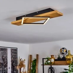 Hofstein Pompu Deckenleuche LED Schwarz, Holz hell, 1-flammig